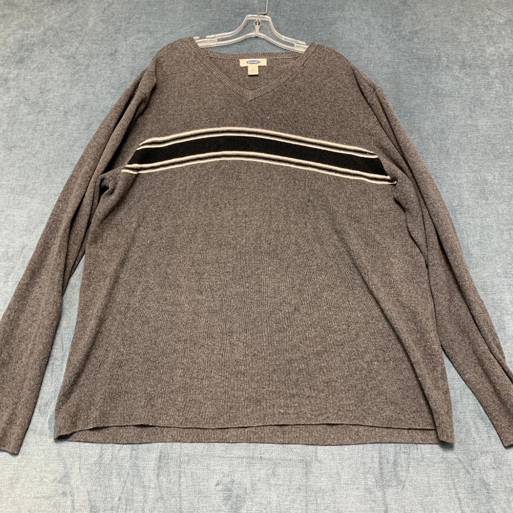 Old Navy Sweater Mens 2XL Gray Striped Cotton V Neck Streetwear Travel Winter